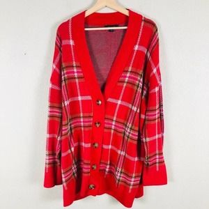 ANN Taylor Cardigan Sweater Red Plaid V Neck Button Casual Preppy Size X Large